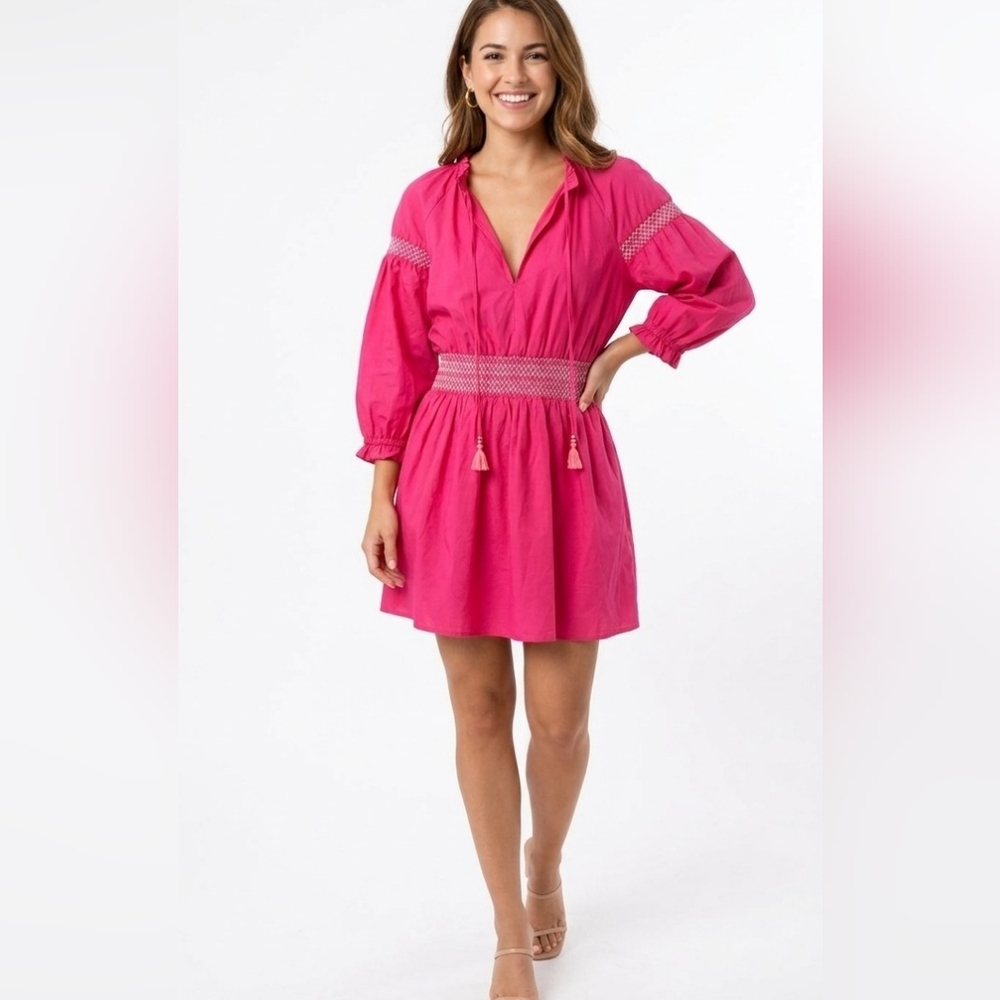 Zara Fuchsia Smocked Poplin Dress pink embroidery boho dress size Large @G
